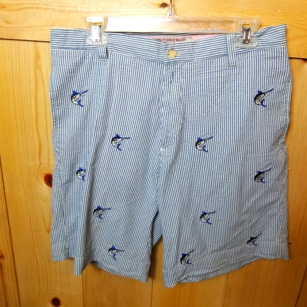Berle Mfg Co. Washed Stoned & Beaten Seersucker Marlin Fish Print Shorts